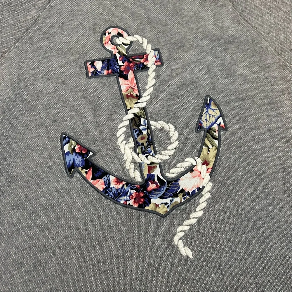 J Crew Medium Gray Terry Multicolor Floral Anchor Short Sleeve Sweatshirt